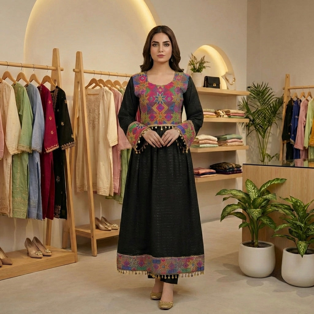 Traditional Afghan Frock with Tribal Embroidery & Tassels Afghan Dastan