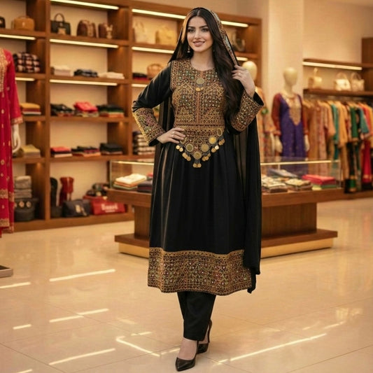 Elegant Afghan Dress with Antique Gold Embroidery & Coin Accents Afghan Dastan
