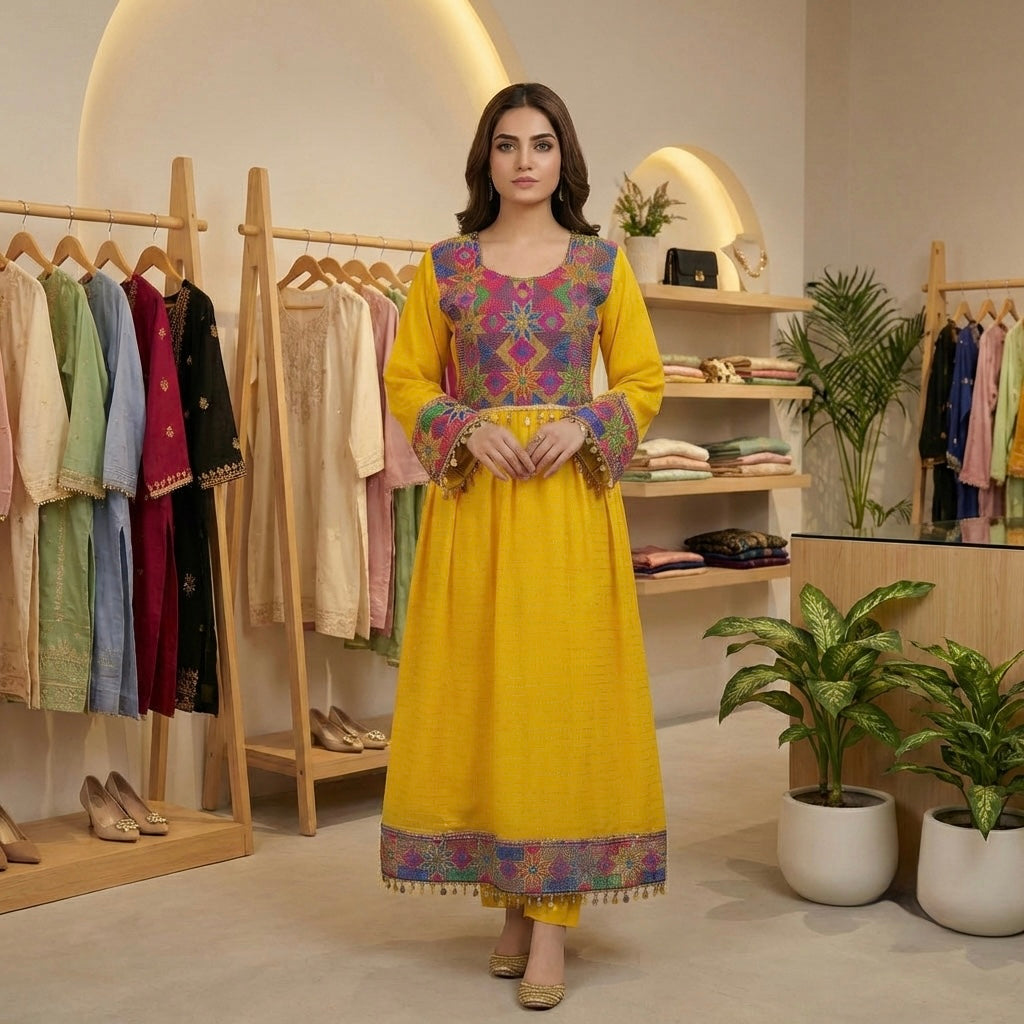 Traditional Afghan Frock with Tribal Embroidery & Tassels Afghan Dastan