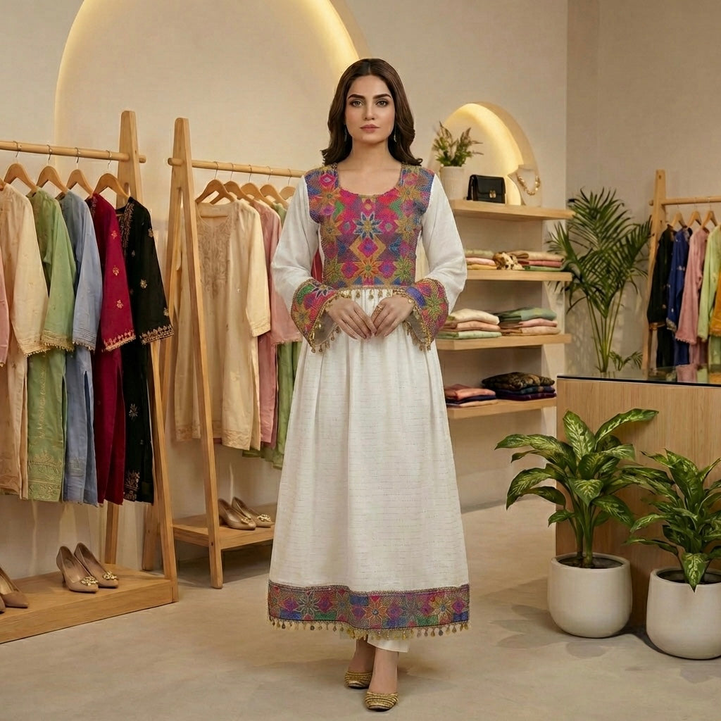 Traditional Afghan Frock with Tribal Embroidery & Tassels Afghan Dastan