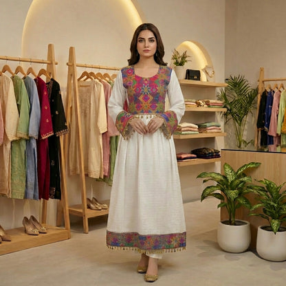 Traditional Afghan Frock with Tribal Embroidery & Tassels Afghan Dastan