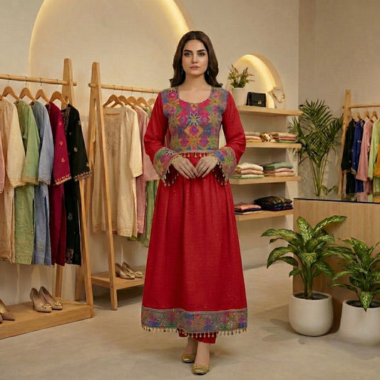 Traditional Afghan Frock with Tribal Embroidery & Tassels Afghan Dastan