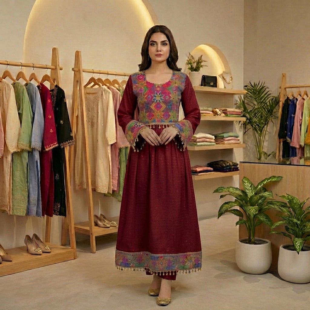 Traditional Afghan Frock with Tribal Embroidery & Tassels Afghan Dastan