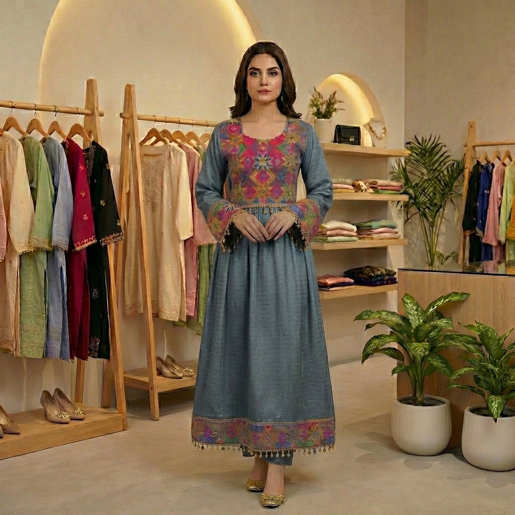 Traditional Afghan Frock with Tribal Embroidery & Tassels Afghan Dastan