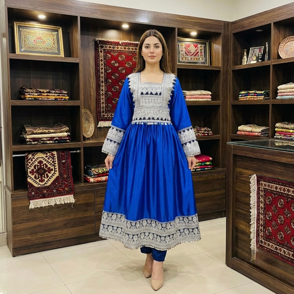 Afghan Silk-Finish Dress with Silver Zari Embroidery Afghan Dastan