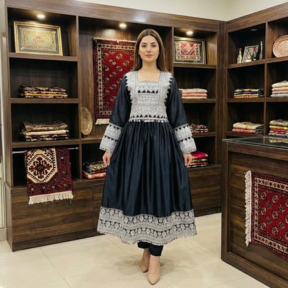 Afghan Silk-Finish Dress with Silver Zari Embroidery Afghan Dastan
