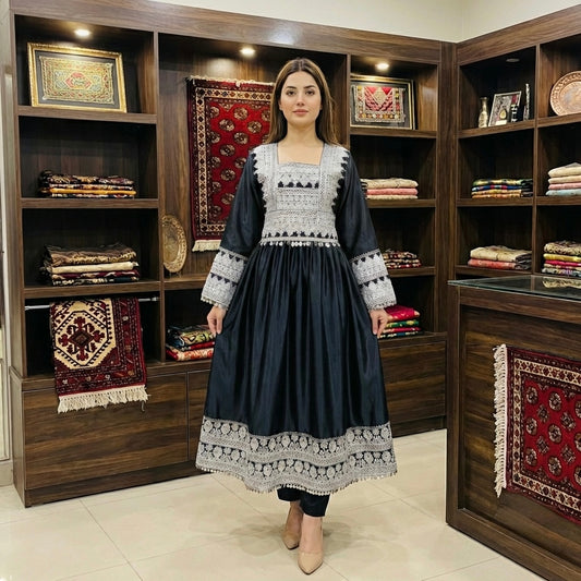 Afghan Silk-Finish Dress with Silver Zari Embroidery Afghan Dastan