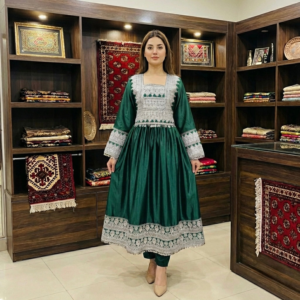 Afghan Silk-Finish Dress with Silver Zari Embroidery Afghan Dastan