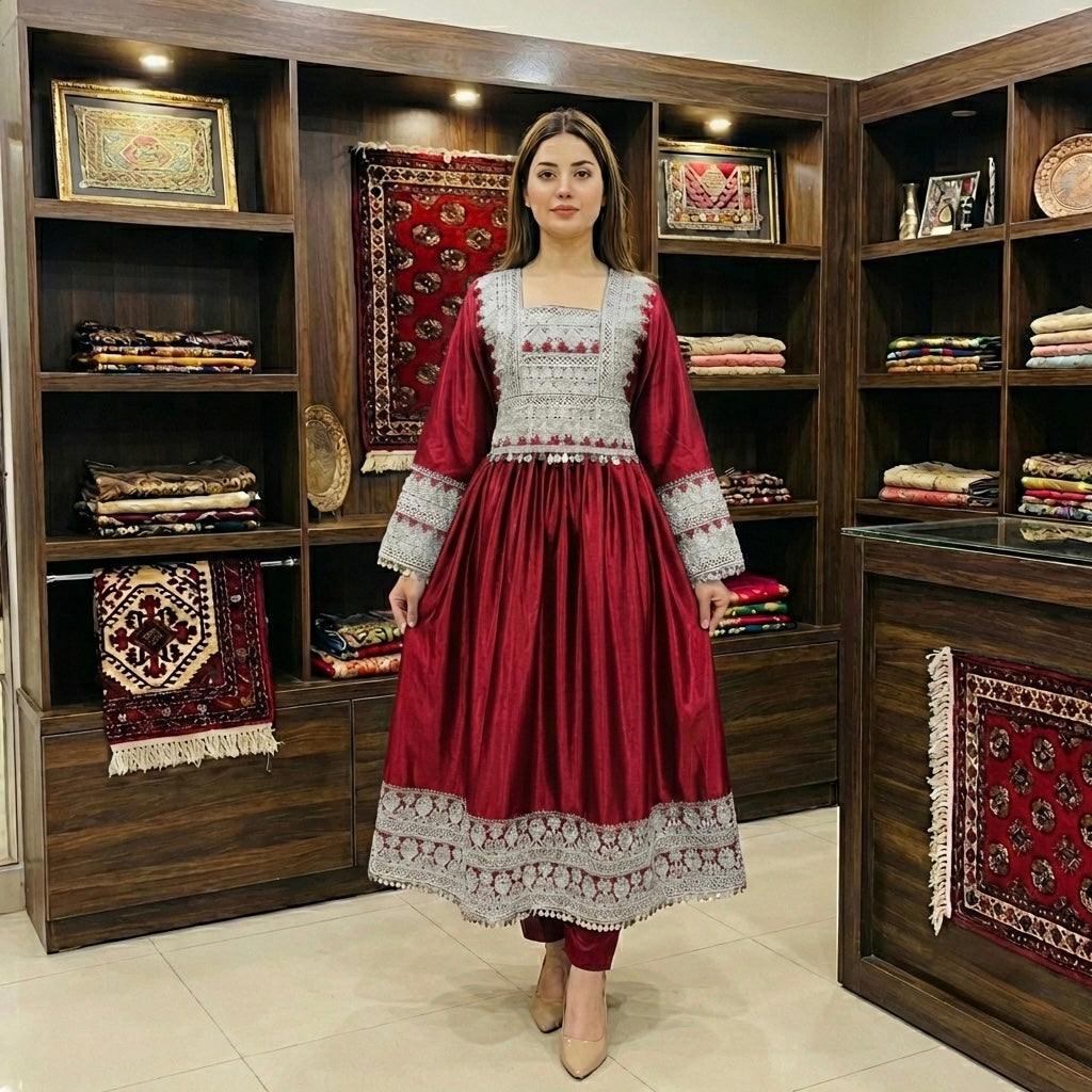 Afghan Silk-Finish Dress with Silver Zari Embroidery Afghan Dastan
