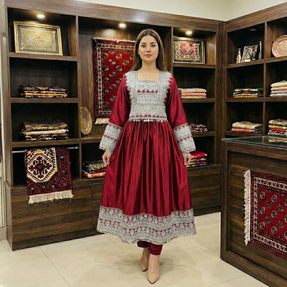 Afghan Silk-Finish Dress with Silver Zari Embroidery Afghan Dastan