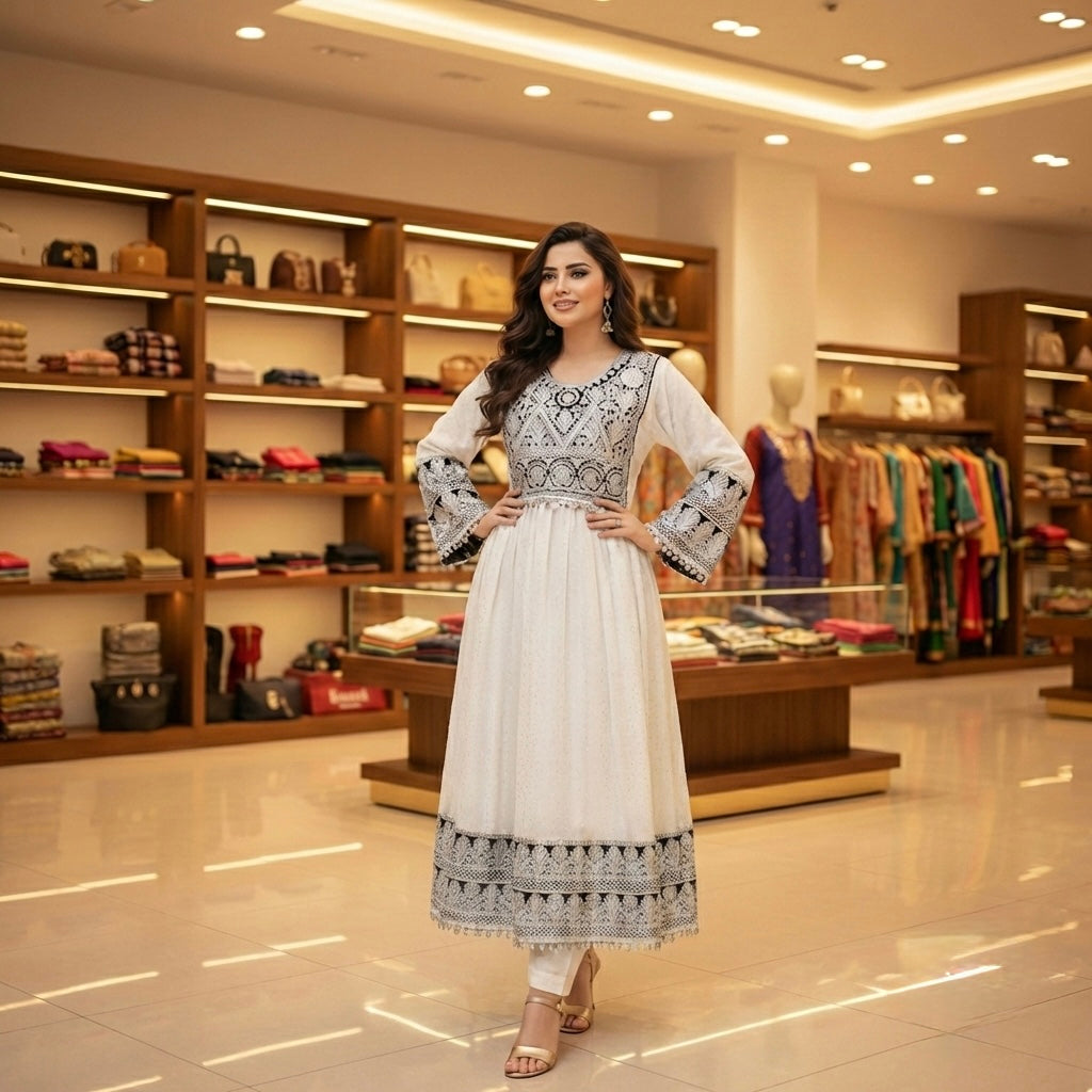Elegant Afghan Dress with Heavy Zari Embroidery & Coin Trim Afghan Dastan