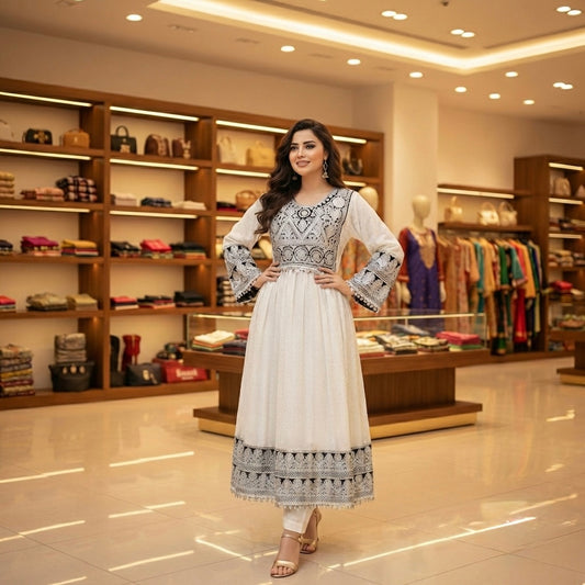 Elegant Afghan Dress with Heavy Zari Embroidery & Coin Trim Afghan Dastan