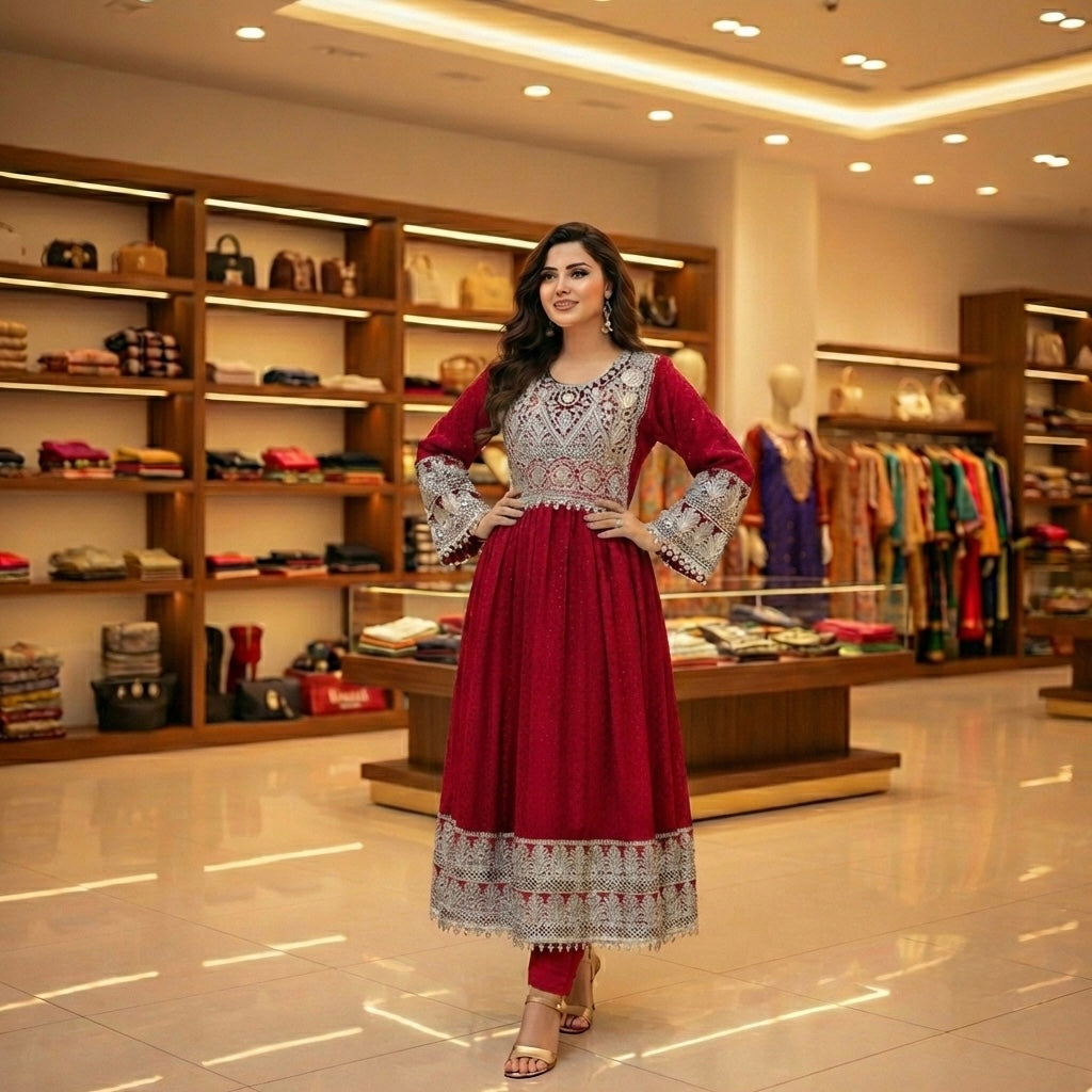 Elegant Afghan Dress with Heavy Zari Embroidery & Coin Trim Afghan Dastan