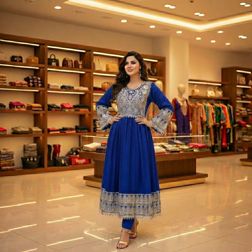 Elegant Afghan Dress with Heavy Zari Embroidery & Coin Trim Afghan Dastan
