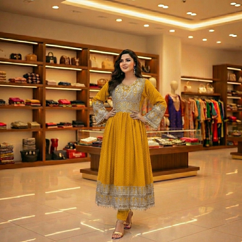 Elegant Afghan Dress with Heavy Zari Embroidery & Coin Trim Afghan Dastan