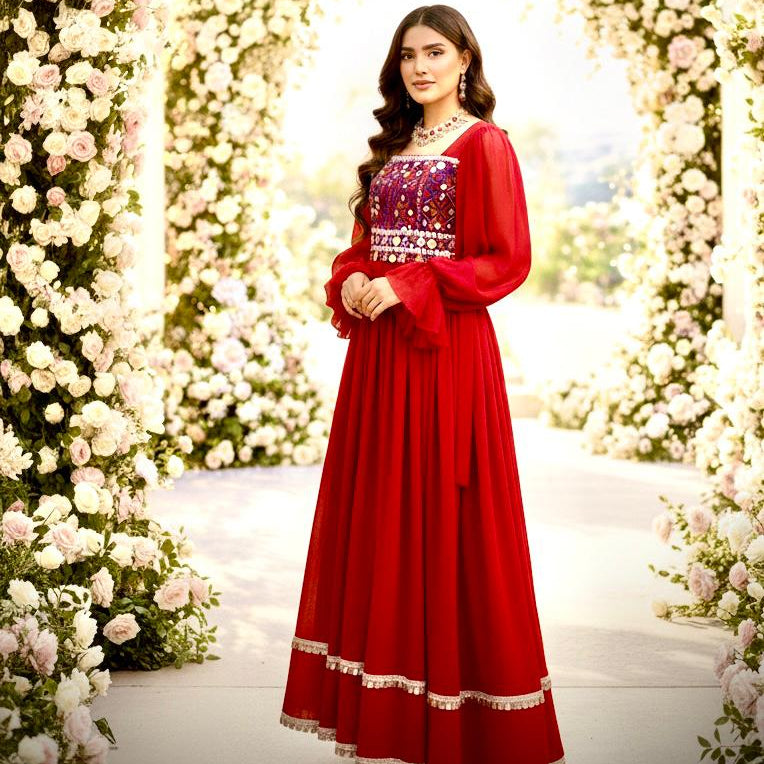 Afghan Kuchi Dress with Mirror Work & Balloon Sleeves Afghan Dastan