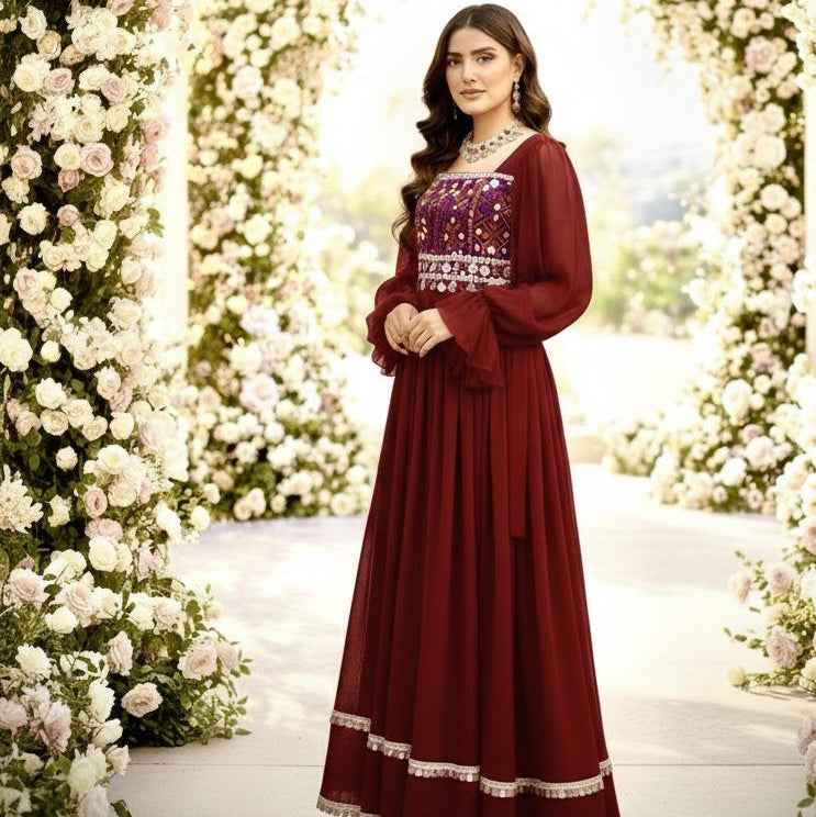 Afghan Kuchi Dress with Mirror Work & Balloon Sleeves Afghan Dastan